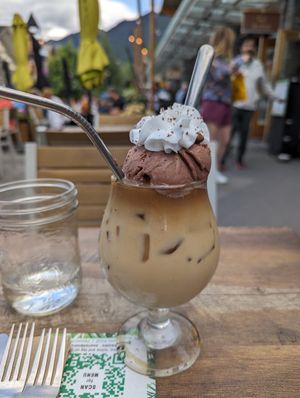 Vegan ice coffee at Nourish Bistro in Banff