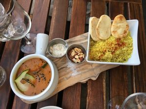 tomato soup with Vegetarian nan at Nourish Bistro in Banff