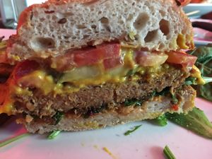 Inside the beyond burger.  So good !! at Nourish Bistro in Banff