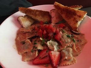 Mushroom ravioli and bread.  11/10!! at Nourish Bistro in Banff