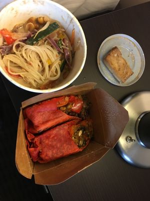 King Kong noodles with tofu and beautiful burrito for takeout $50.  Pricey.  But it was great food.  at Nourish Bistro in Banff