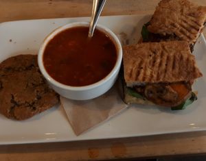 Vegan sandwich, minestrone soup and chai ginger cookie at Nourish Bistro in Banff