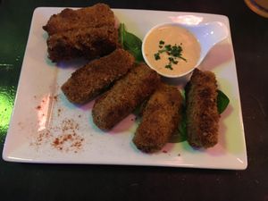 “Chicken fingers” spicy delicious tofu even my meat eating husband loves. at Nourish Bistro in Banff
