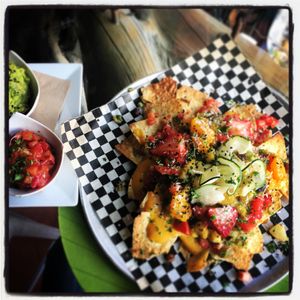 Darn good vegan nachos at Nourish Bistro in Banff