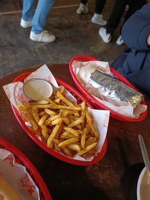 Mac burrito and fries at Vx in Bristol