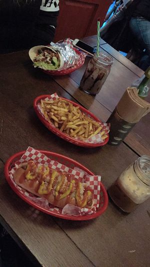 Hot dog, kebab and fries at Vx in Bristol