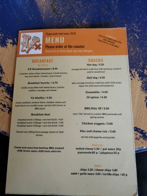 Menu at Vx in Bristol