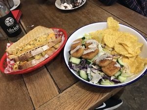 Mac n cheese toastie, nuggets with salad and tortillas at Vx in Bristol