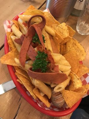 Hot dog, bacon, Mac n cheese and tortilla chips at Vx in Bristol