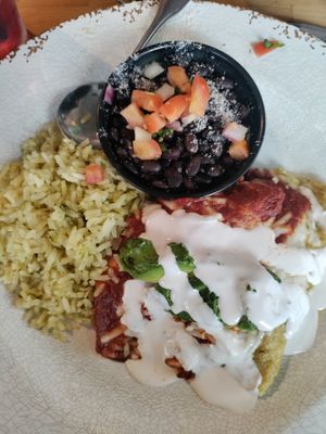 Vegan enchiladas with salsa roja / verde at Lola's - Retro Row in Long Beach
