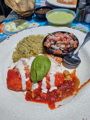 Enchiladas w/ salsa roja + verde at Lola's - Retro Row in Long Beach