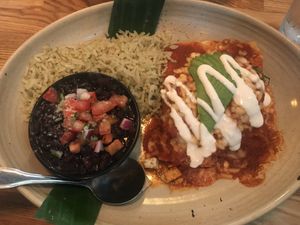 vegan red chicken enchiladas (can get with vegan green sauce) at Lola's - Retro Row in Long Beach