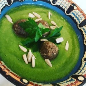 raw vegan soup with walnut balls at Smoothie & Sweetie in Limassol