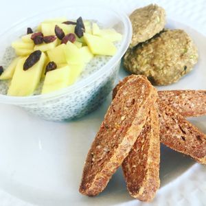 chia pudding, veggie patties, tomato bread at Smoothie & Sweetie in Limassol