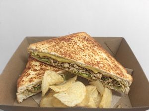 Vegan chicken, cheese & avo toastie. at All-Time Coffee Co in Mermaid Beach