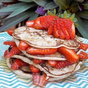 Banana and oats hotcakes with fresh fruits and agave honey at La Cocina de Sofia in Veracruz
