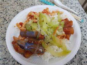 Stir fried chokos, chilli eggplants, three layered meat and mixed seafood at Fei Cui  Fancy Vegetarian Food 翡翠素食 in Central Singapore