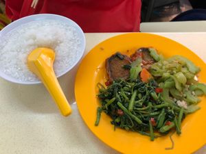 Porridge with sweet sour fish bitter gourd and spinach  at Mi Le Vegetarian 弥乐素食 in Central Singapore