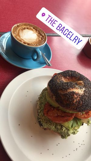 Vegan Bagel @ flat white with soy at The Bagelry  in Liverpool