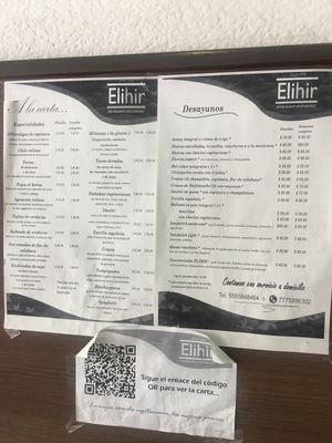 Menú a la carta  at Elihir in Mexico City