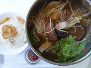 Bak Kut Teh (herbal soup) with rice, fried dough and chilli at Vgan Cafe in East Singapore