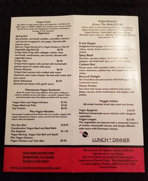 Their extensive vegan menu. at Fusion Restaurant and Bar in Riverside