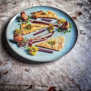 Vegan Gluten Free Kimchi Pancakes with Butternut Squash Falafel, Brussel Sprout Chutney, Sweet and Sour Blackberry Chilli Sauce, Beetroot Pickles and westlandsuk Micro Greens at Trewhitts in Bristol