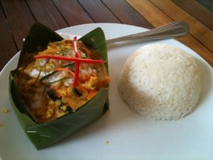 Mushroom Amok (vegetarian Version of Fish Amok, Khmer specialty) - with egg! at My Little Cafe in Siem Reap