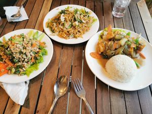 Vegan Lab, khmer fried short rice noodle with veg, eggplant and tofu with steamed rice at My Little Cafe in Siem Reap