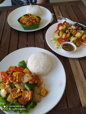 Tofu amok, Kung Pao tofu  and grilled tofu and veggies skewer. at My Little Cafe in Siem Reap