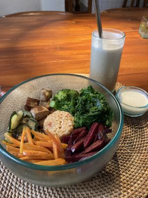 Vibrant bowl + iced Thai tea   at Sage in Ubud