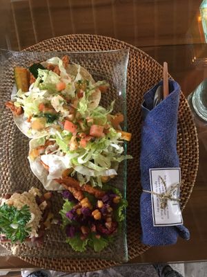 Tempeh tacos with chipotle cream sauce. Comes with a side of rice and beans and a corn and ube (?) salad. Cutlery comes with a cute inspirational card. at Sage in Ubud