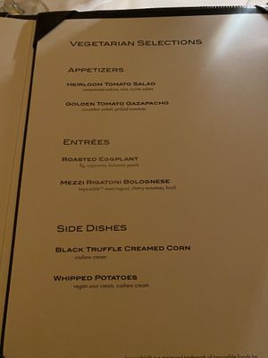 Vegetarian menu (not vegan)  at Wynn Hotel - SW Steakhouse in Las Vegas