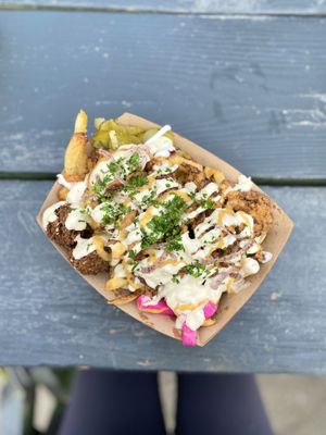 Swarma Fries— sooo good! at Falafel House - Food Truck in Portland