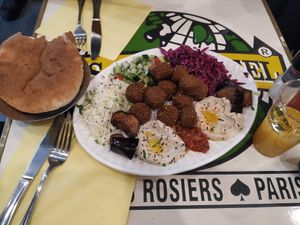 18€ (a bit much for the portion, but taste so good) at L'as du Fallafel in Paris