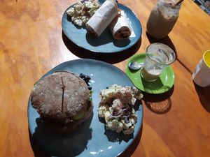 Chicken (not meat) salad wrap with potato salad. Also Beyond meat burger at The Healthy Hub in Cairns