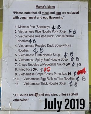 Menu with prices at Mama's Tofu in North York