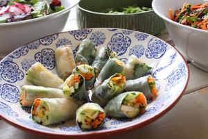 Crispy baked tofu, avocado, cucumber, carrot, mango and thai basil & coriander summer rolls at The Nourish Co. in Colchester