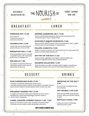 Menu August 2017 at The Nourish Co. in Colchester