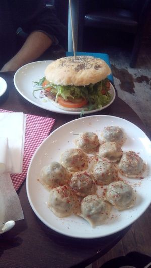Burger and Spinach pierogi at Bar Górski in Zakopane
