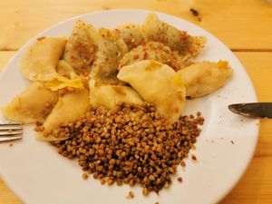 Lentil pierogi, spinach pierogi & kasza gryczana at Bar Górski in Zakopane