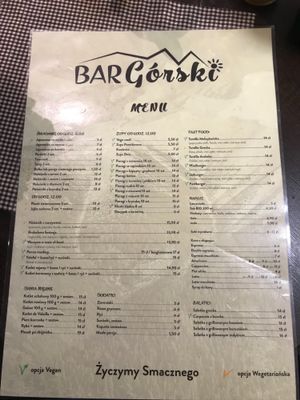 menu sep 2018 at Bar Górski in Zakopane