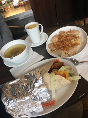 Sopa de verduras, gyozas de lentejas y falafel wrap. at Bar Górski in Zakopane