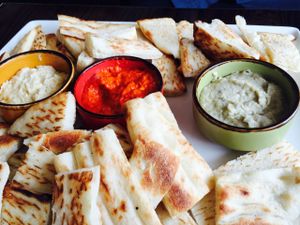 Trio of dips with bread at 1001 Nights Restaurant in Mount Eliza