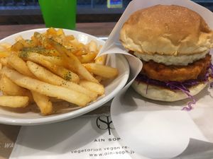 Crispy chicken burger and cheesy fries! Delicious!  at Ain Soph.Ripple Kabukicho in Tokyo