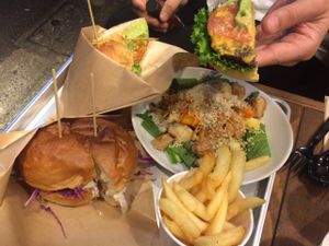 chicken burger + cheese burger, salad and fries ❤️ at Ain Soph.Ripple Kabukicho in Tokyo