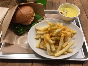 cheese burger, cheese fries and corn soup at Ain Soph.Ripple Kabukicho in Tokyo
