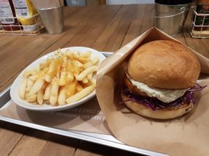 chicken burger and cheese fries at Ain Soph.Ripple Kabukicho in Tokyo