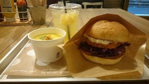 Chicken burger and corn soup at Ain Soph.Ripple Kabukicho in Tokyo