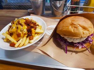 Chicken burger and chilli cheese fries at Ain Soph.Ripple Kabukicho in Tokyo